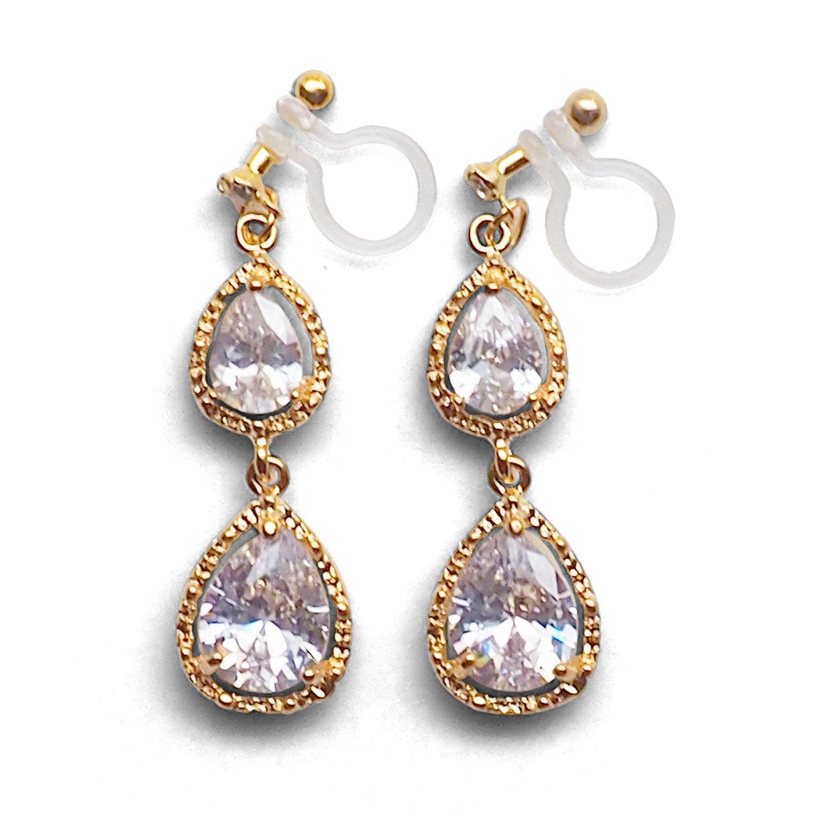 Bridal double teardrop cubic zirconia invisible clip on earrings ( gold tone ) - miyabigracejewelry.com