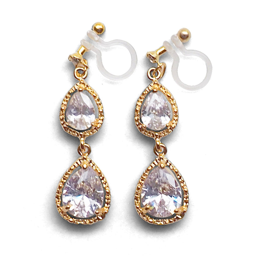 Bridal double teardrop cubic zirconia invisible clip on earrings ( gold tone ) - miyabigracejewelry.com