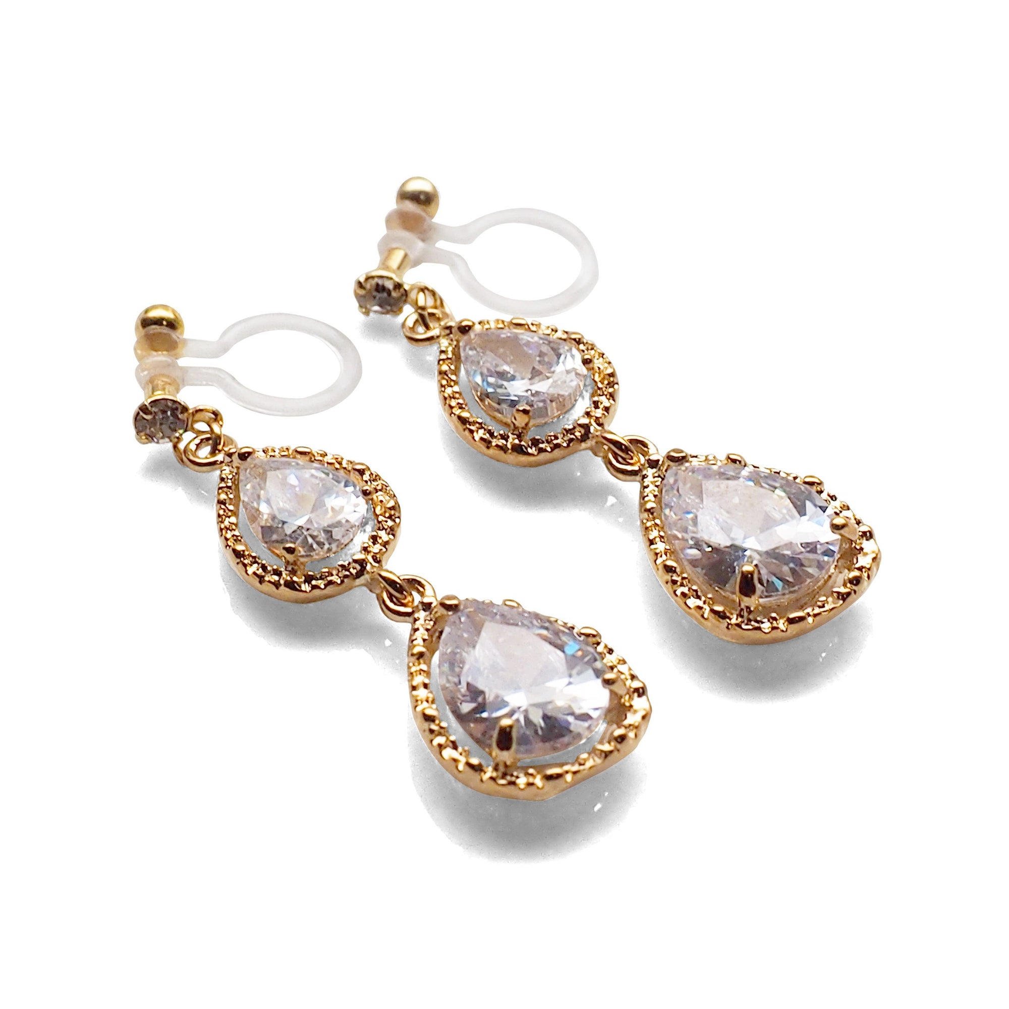 Bridal double teardrop cubic zirconia invisible clip on earrings ( gold tone ) - miyabigracejewelry.com