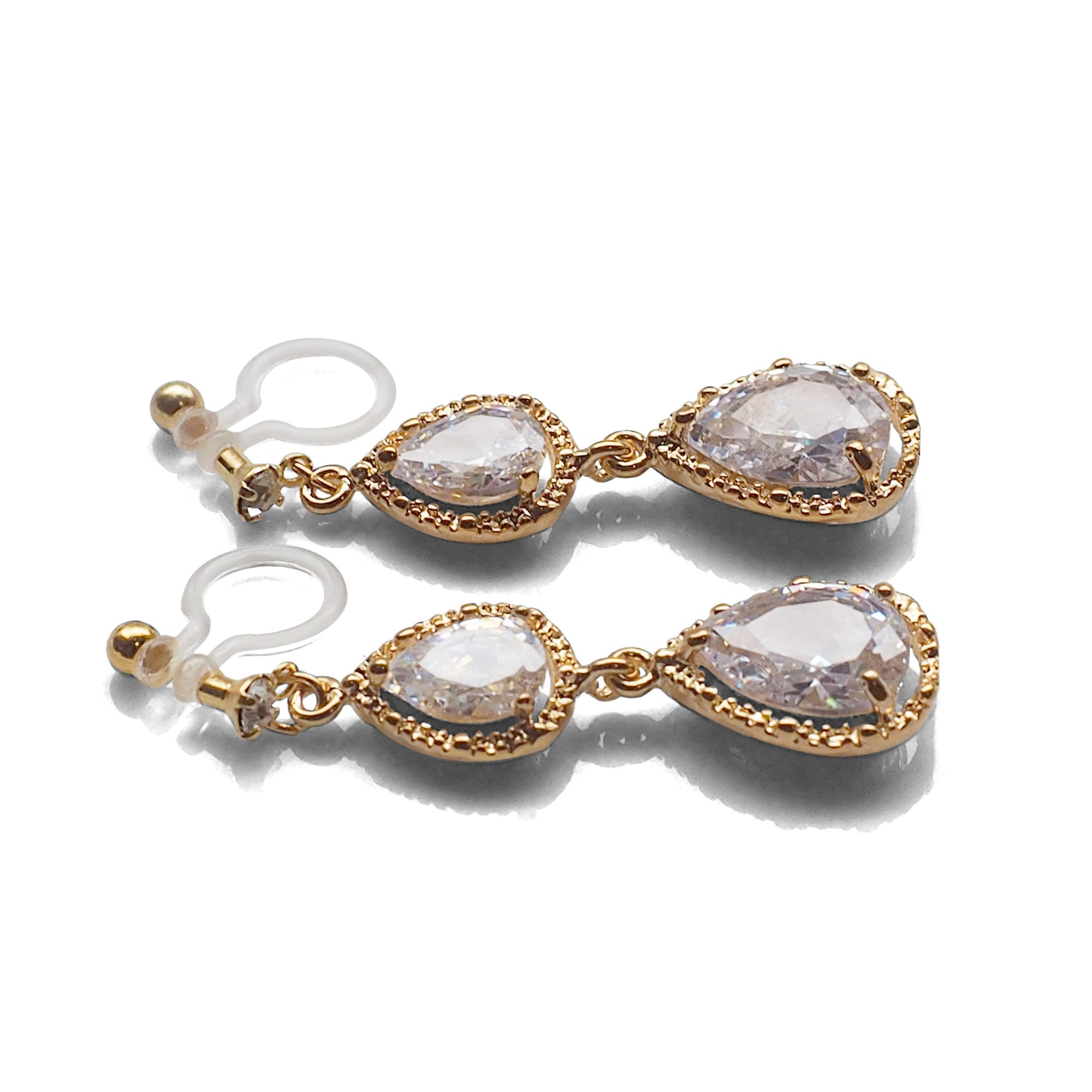 Bridal double teardrop cubic zirconia invisible clip on earrings ( gold tone ) - miyabigracejewelry.com