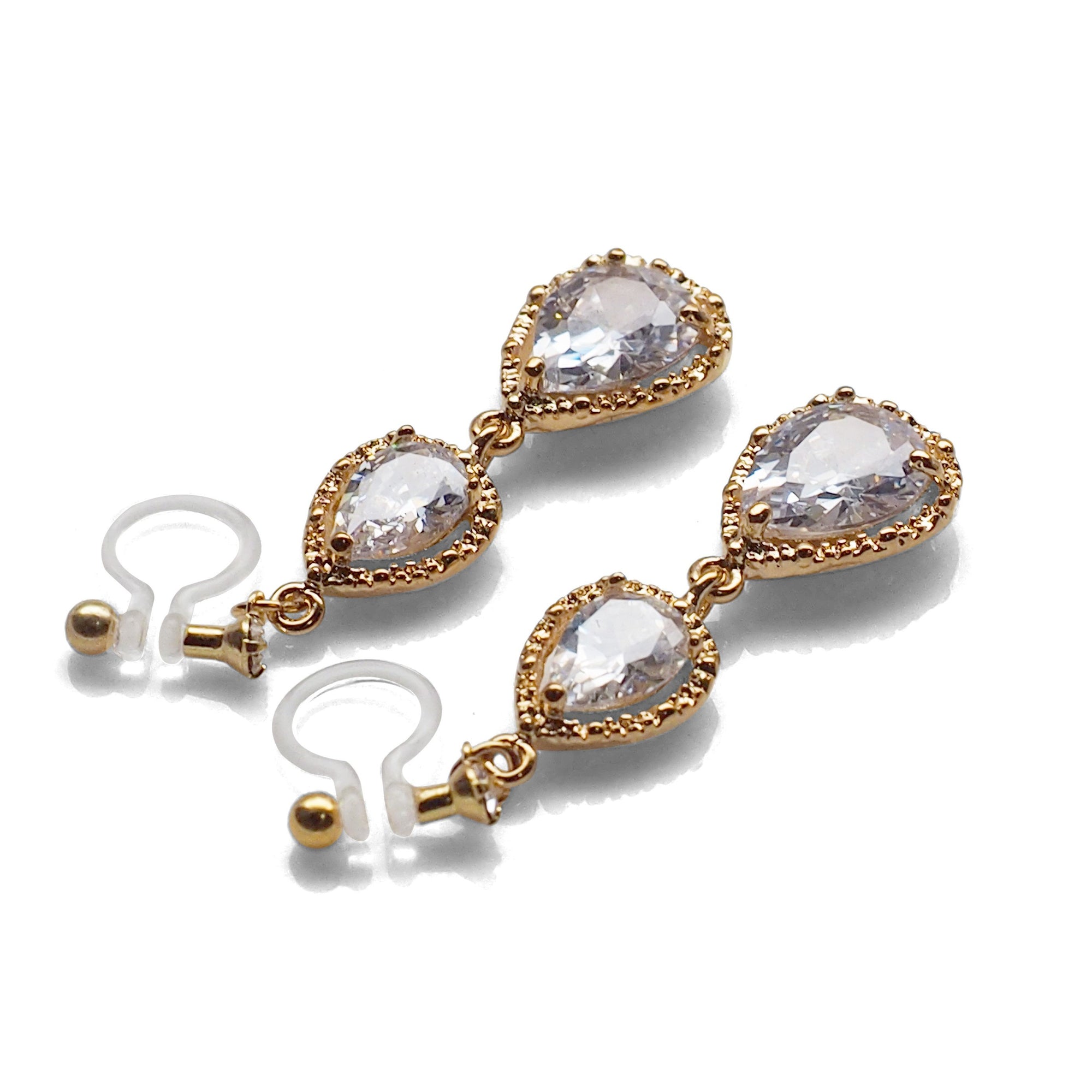 Bridal double teardrop cubic zirconia invisible clip on earrings ( gold tone ) - miyabigracejewelry.com
