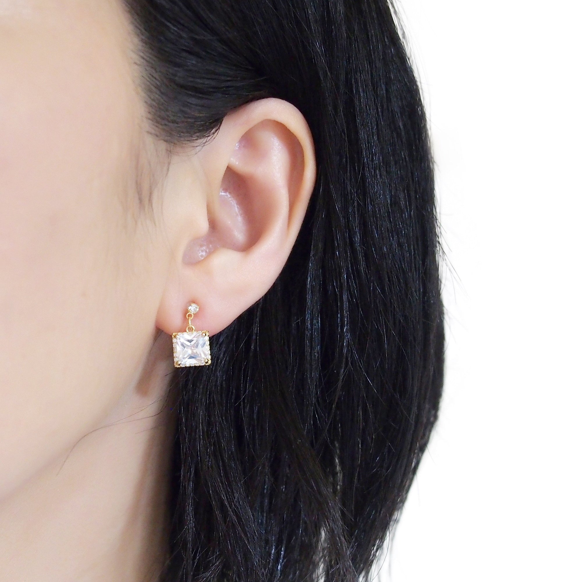 Bridal square cubic zirconia invisible clip on earrings ( gold tone ) - miyabigracejewelry.com