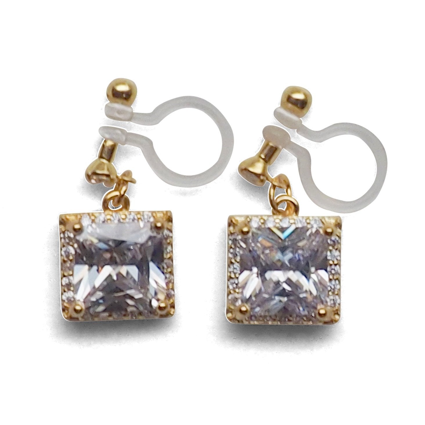 Bridal square cubic zirconia invisible clip on earrings ( gold tone ) - miyabigracejewelry.com