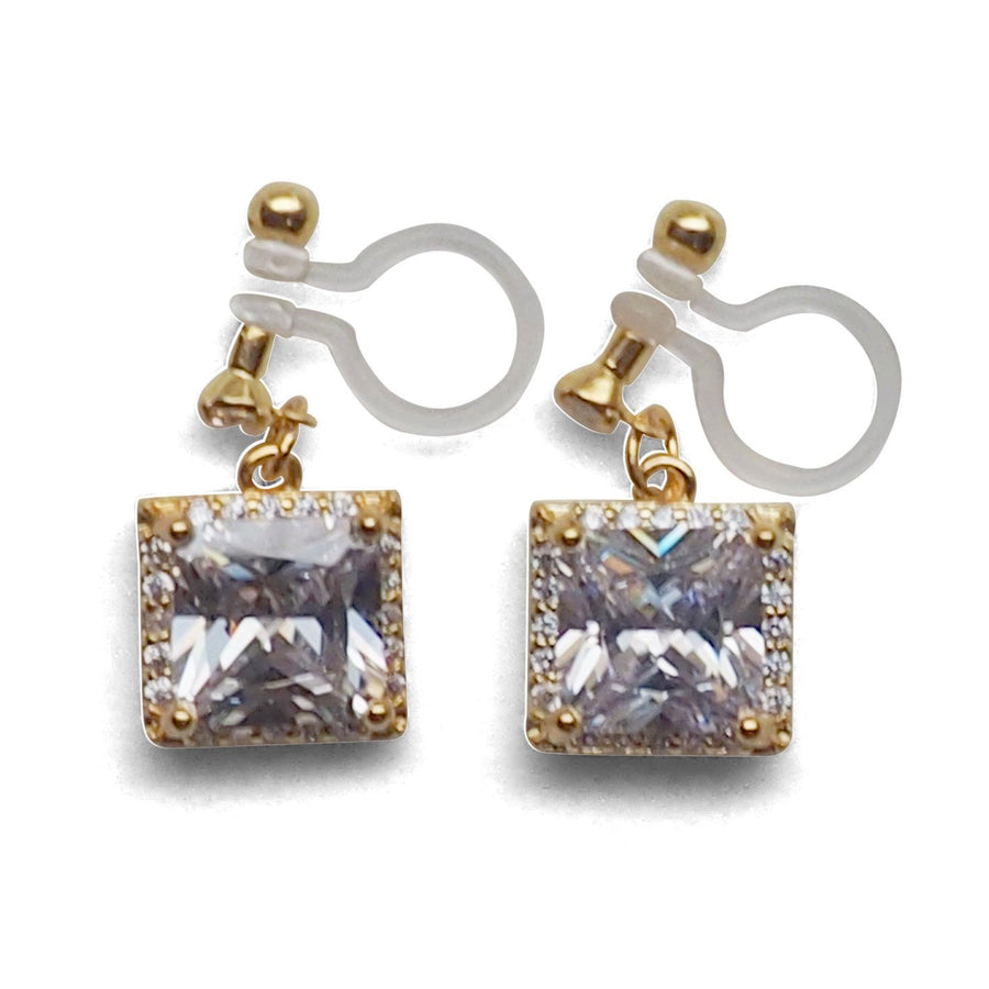 Bridal square cubic zirconia invisible clip on earrings ( gold tone ) - miyabigracejewelry.com