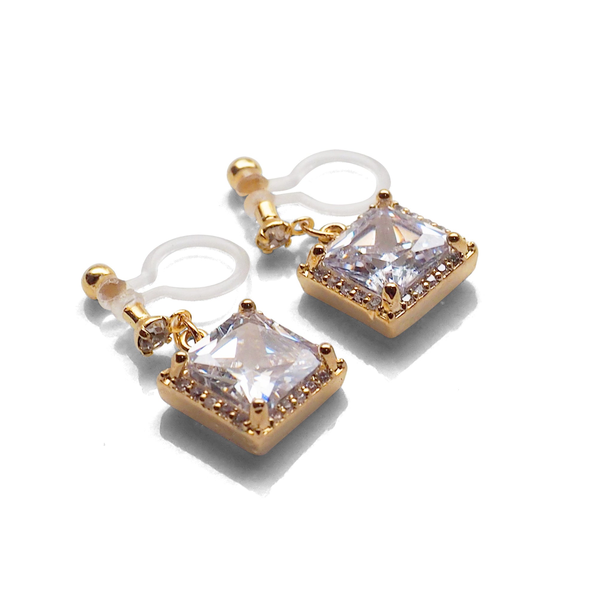 Bridal square cubic zirconia invisible clip on earrings ( gold tone ) - miyabigracejewelry.com