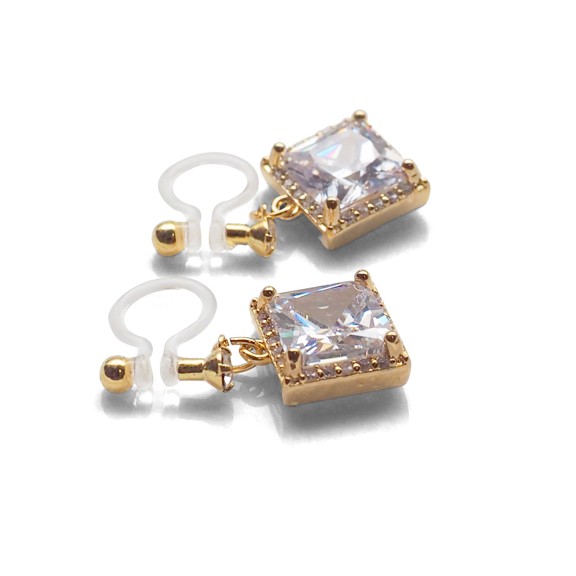 Bridal square cubic zirconia invisible clip on earrings ( gold tone ) - miyabigracejewelry.com