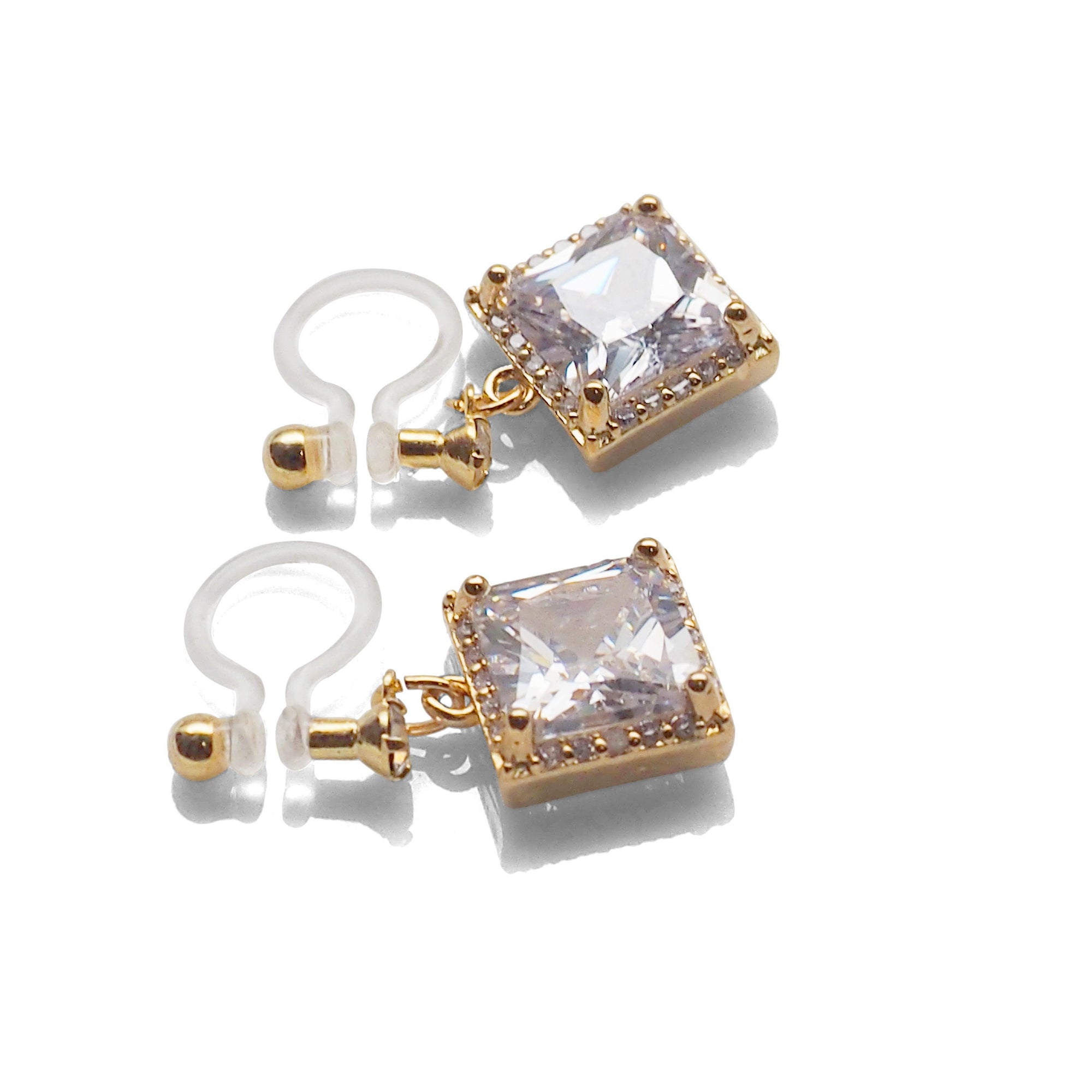 Bridal square cubic zirconia invisible clip on earrings ( gold tone ) - miyabigracejewelry.com