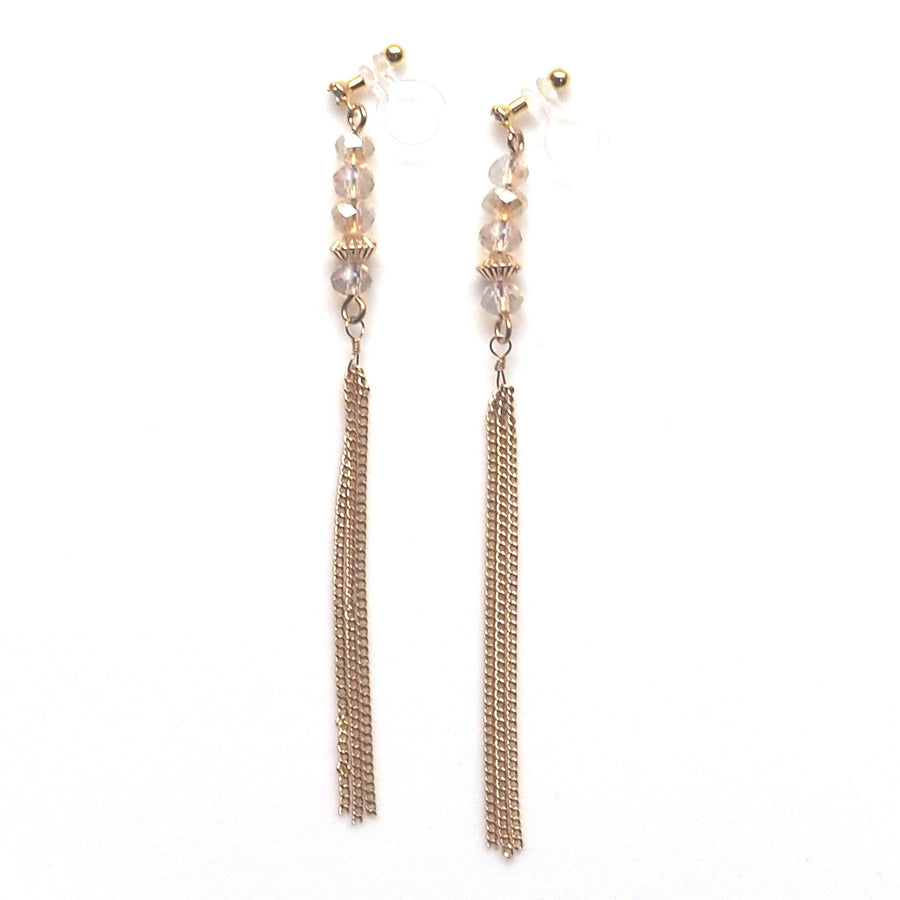 Ivory beads with tassel invisible clip on earrings - miyabigracejewelry.com