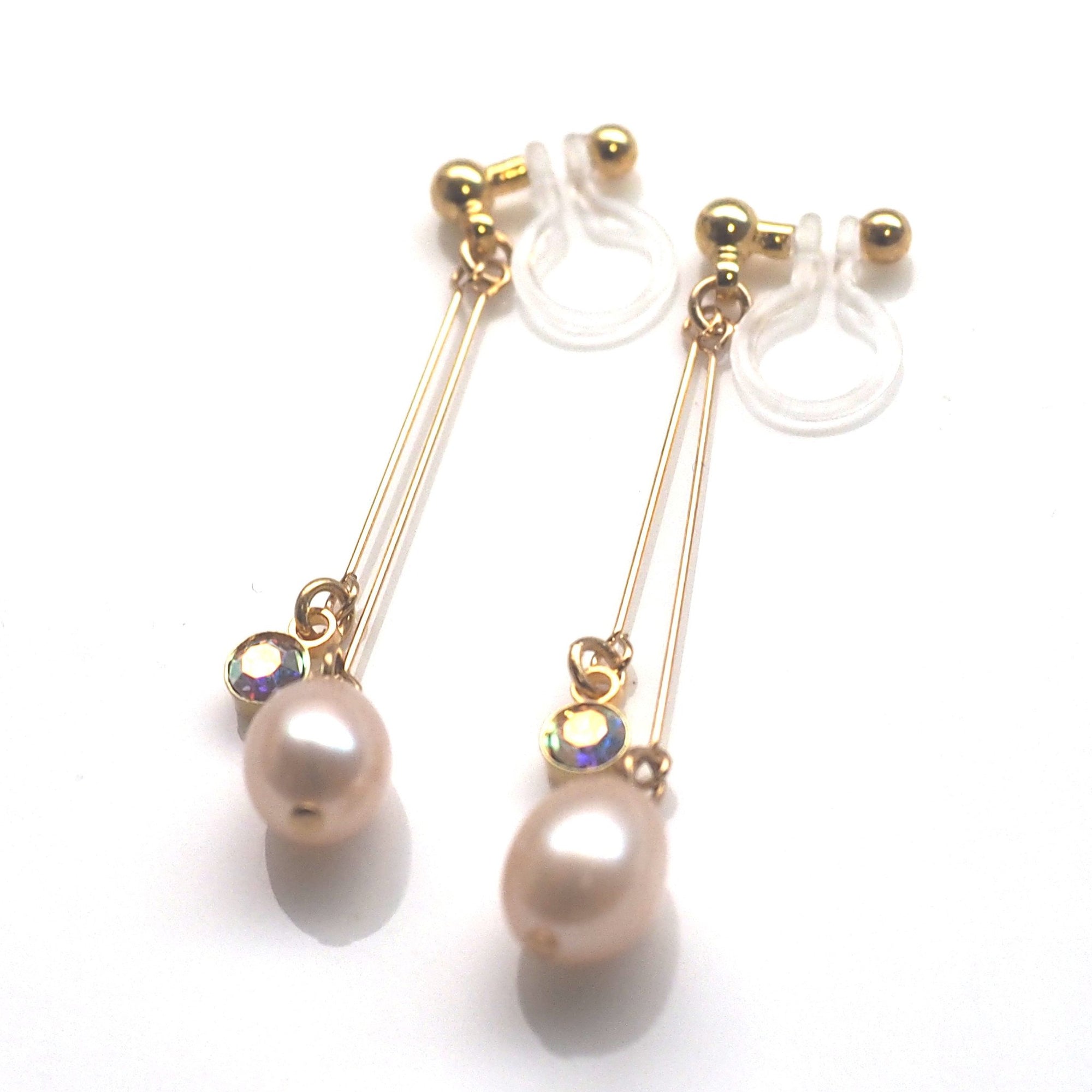Light orange freshwater pearl invisible clip on earrings - miyabigracejewelry.com