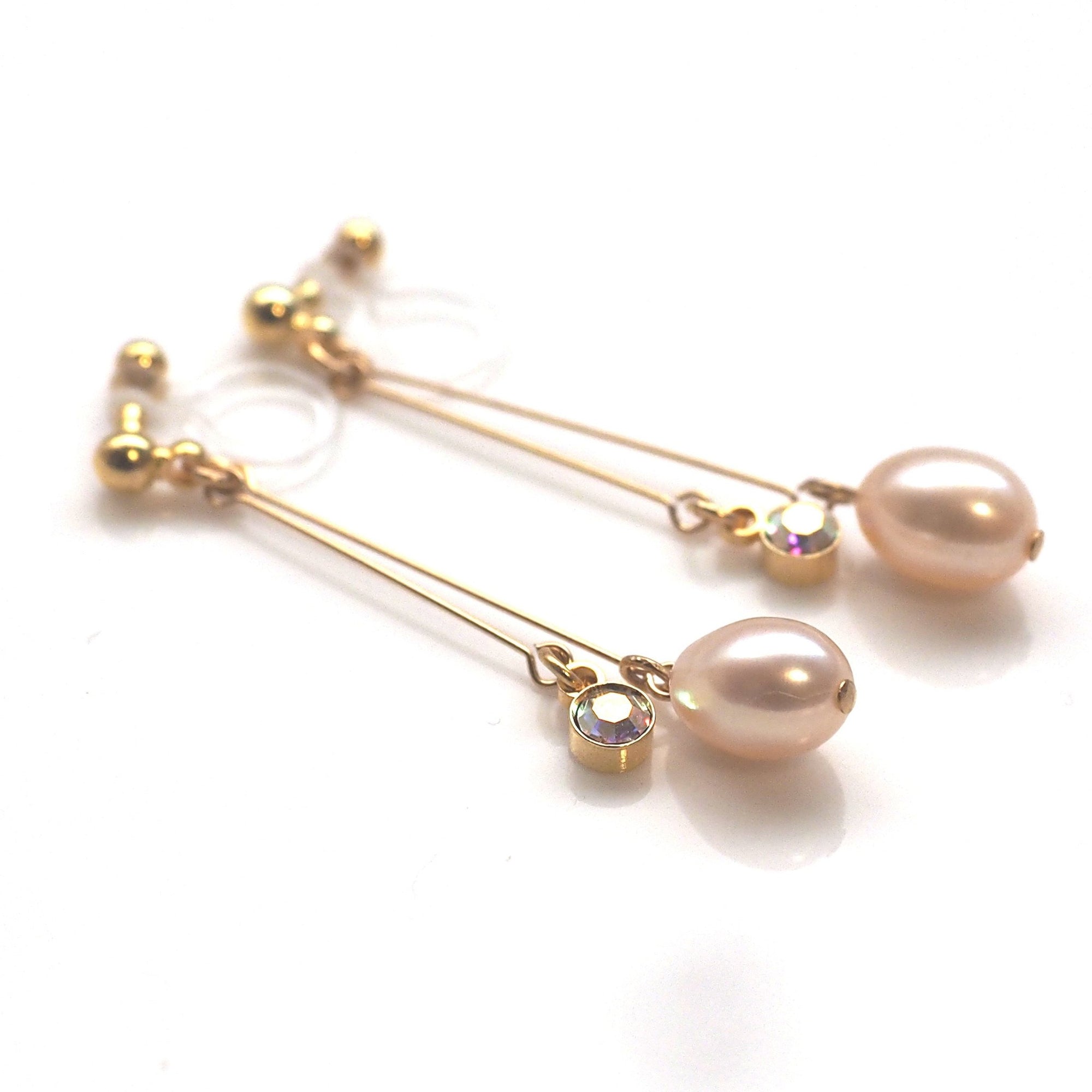 Light orange freshwater pearl invisible clip on earrings - miyabigracejewelry.com