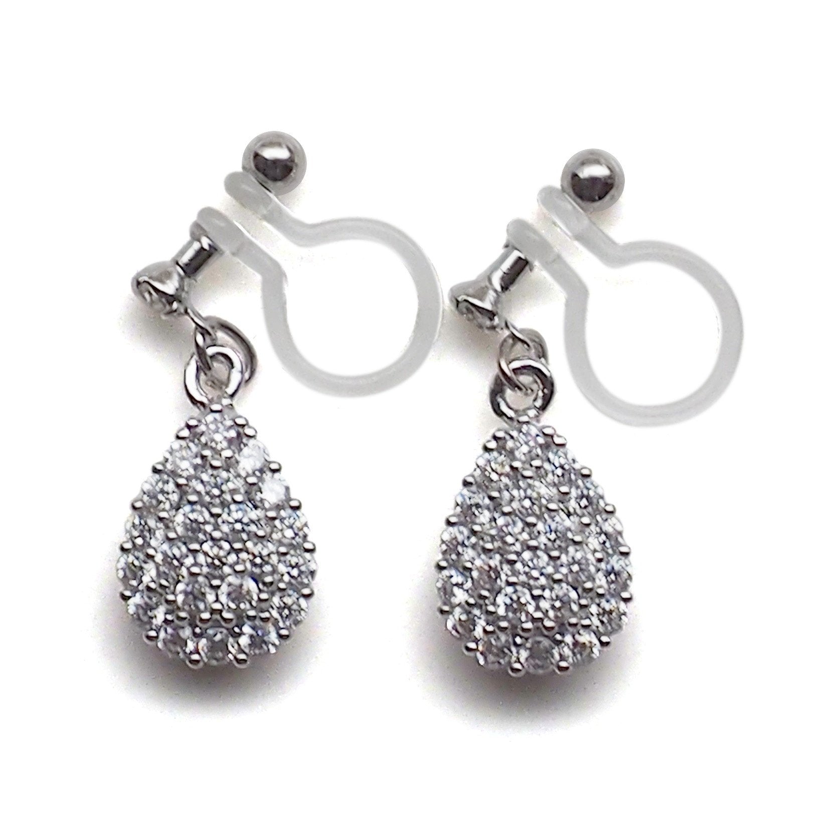 Bridal teardrop micro pave cubic zirconia invisible clip on earrings ( silver tone ) - miyabigracejewelry.com