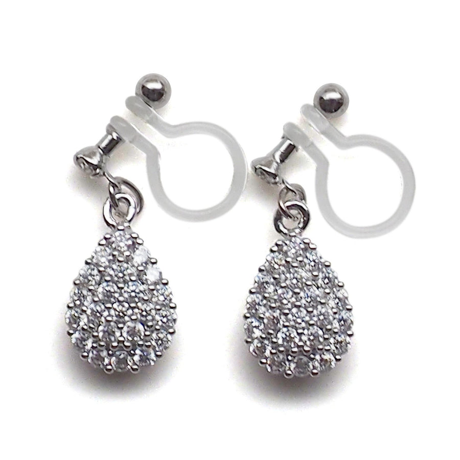 Bridal teardrop micro pave cubic zirconia invisible clip on earrings ( silver tone ) - miyabigracejewelry.com