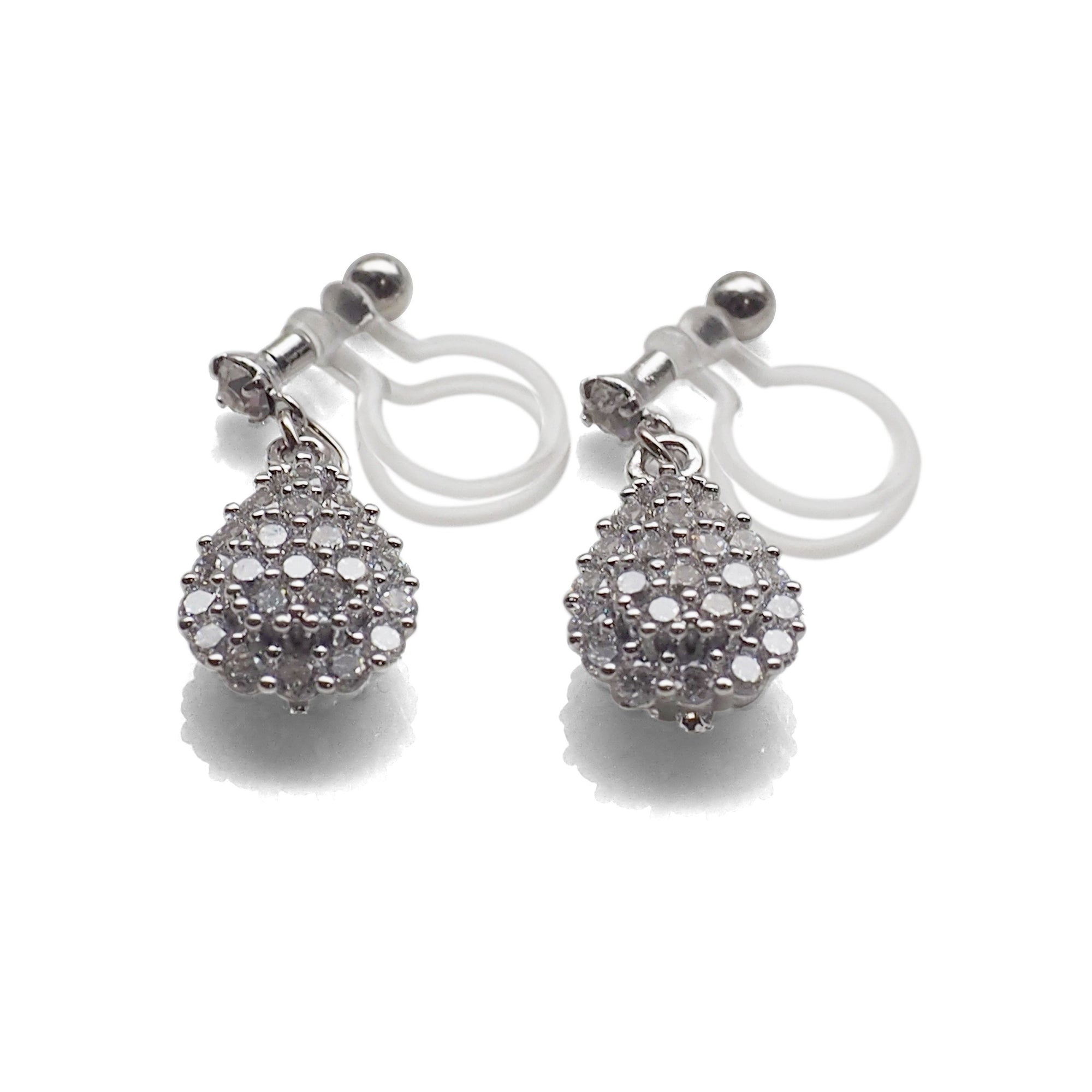 Bridal teardrop micro pave cubic zirconia invisible clip on earrings ( silver tone ) - miyabigracejewelry.com