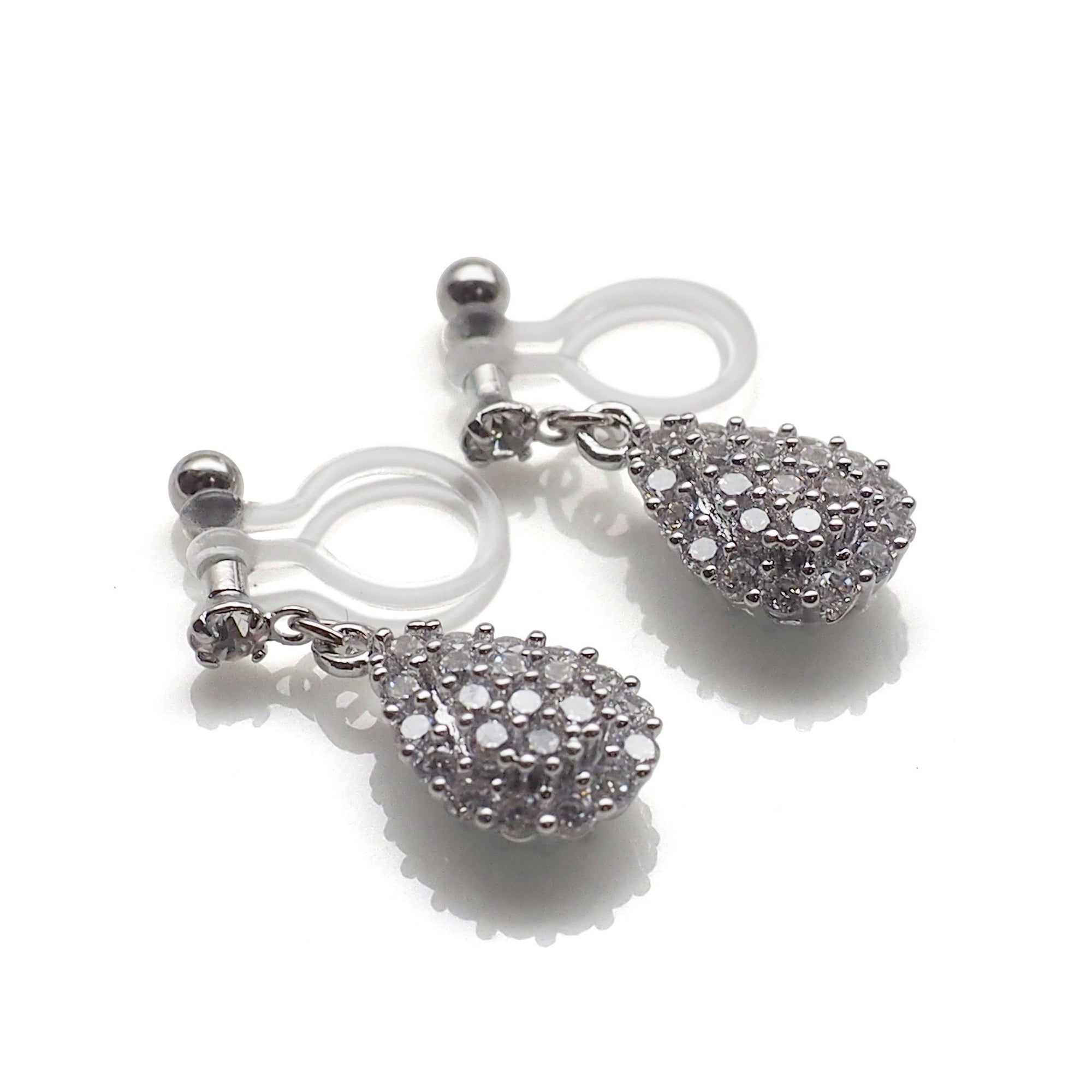 Bridal teardrop micro pave cubic zirconia invisible clip on earrings ( silver tone ) - miyabigracejewelry.com
