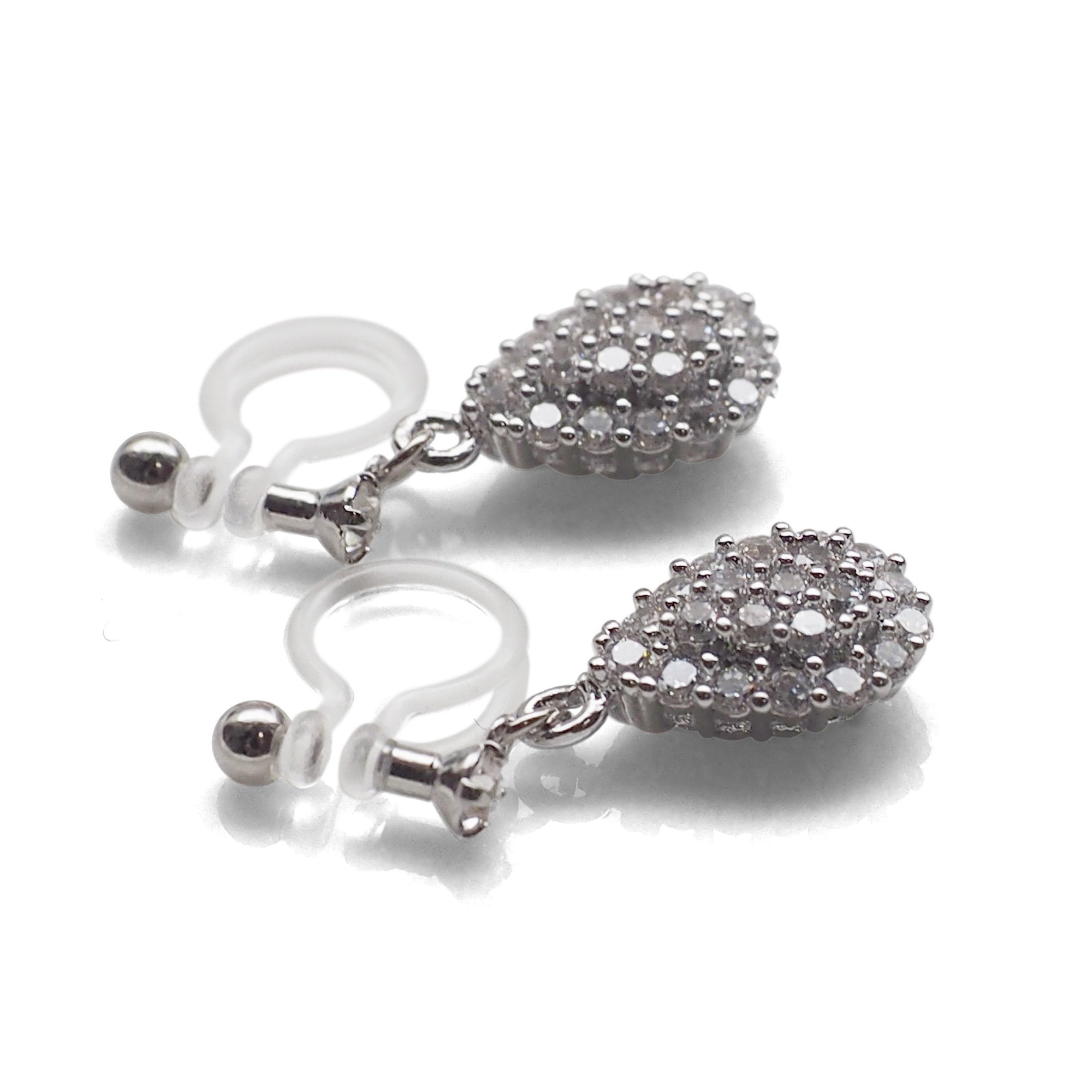 Bridal teardrop micro pave cubic zirconia invisible clip on earrings ( silver tone ) - miyabigracejewelry.com