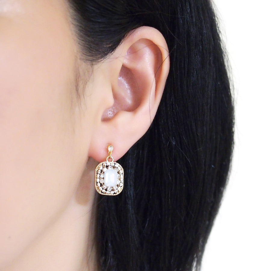 White Opal Rhinestone Square Crystal Invisible Clip on Earrings - miyabigracejewelry.com
