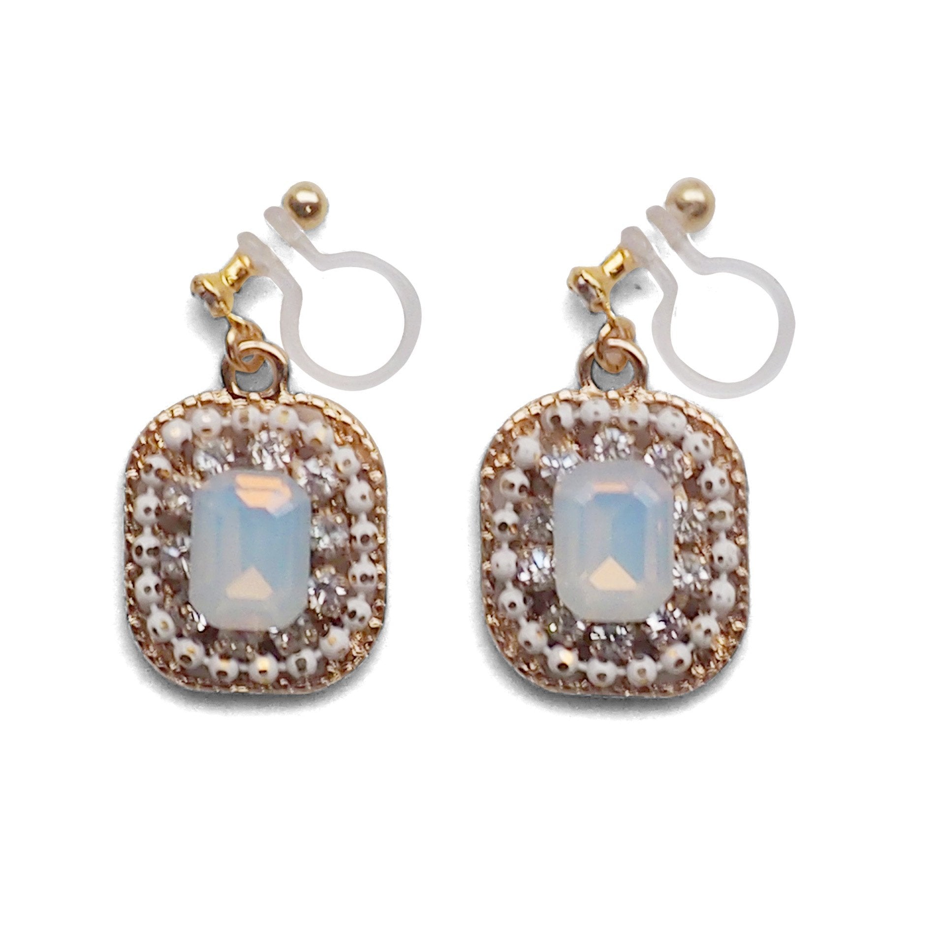 White Opal Rhinestone Square Crystal Invisible Clip on Earrings - miyabigracejewelry.com