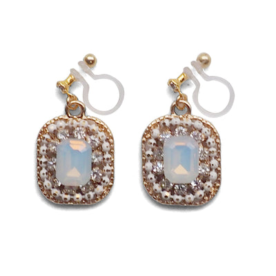 White Opal Rhinestone Square Crystal Invisible Clip on Earrings - miyabigracejewelry.com