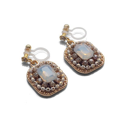 White Opal Rhinestone Square Crystal Invisible Clip on Earrings - miyabigracejewelry.com