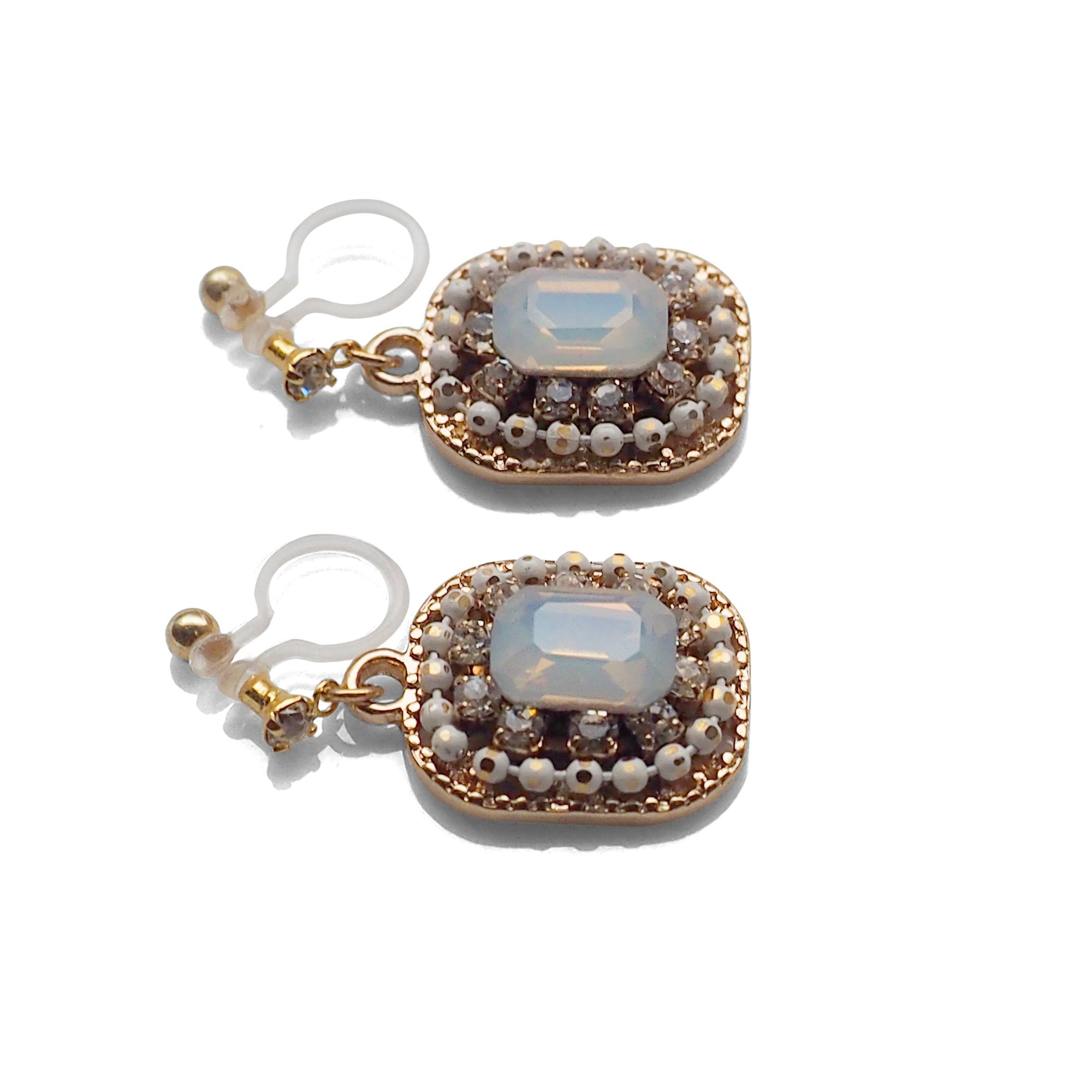White Opal Rhinestone Square Crystal Invisible Clip on Earrings - miyabigracejewelry.com
