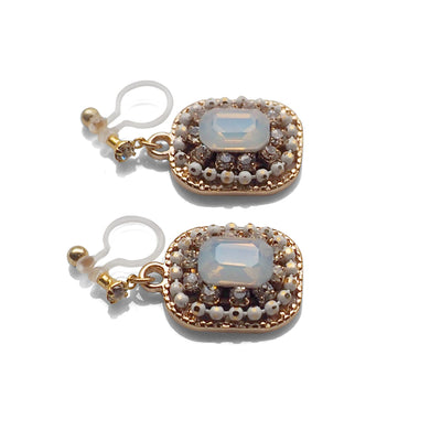 White Opal Rhinestone Square Crystal Invisible Clip on Earrings - miyabigracejewelry.com