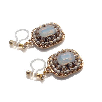 White Opal Rhinestone Square Crystal Invisible Clip on Earrings - miyabigracejewelry.com