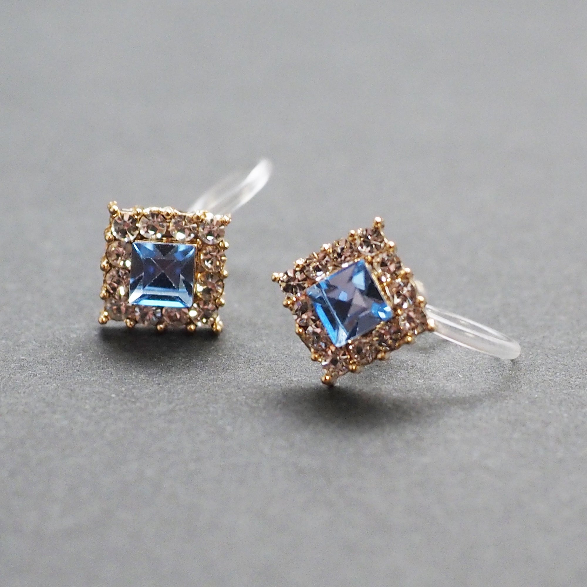 Light Blue Square Swarovski Invisible Clip On Earrings - Miyabi Grace