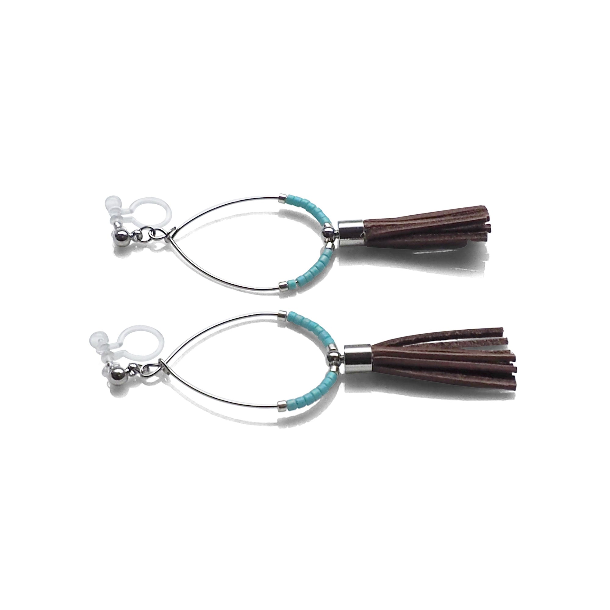 Hoop and brown tassel invisible clip on earrings ( Silver tone ) - miyabigracejewelry.com