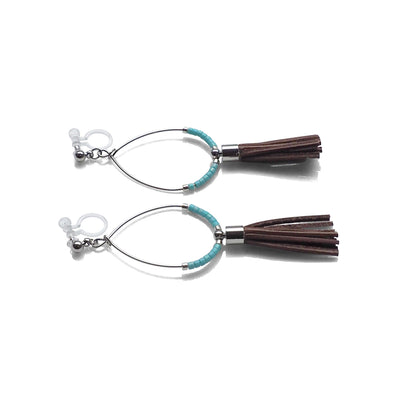 Hoop and brown tassel invisible clip on earrings ( Silver tone ) - miyabigracejewelry.com