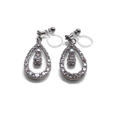 Double Teardrop cubic zirconia invisible clip on earrrings ( Silver tone) - miyabigracejewelry.com