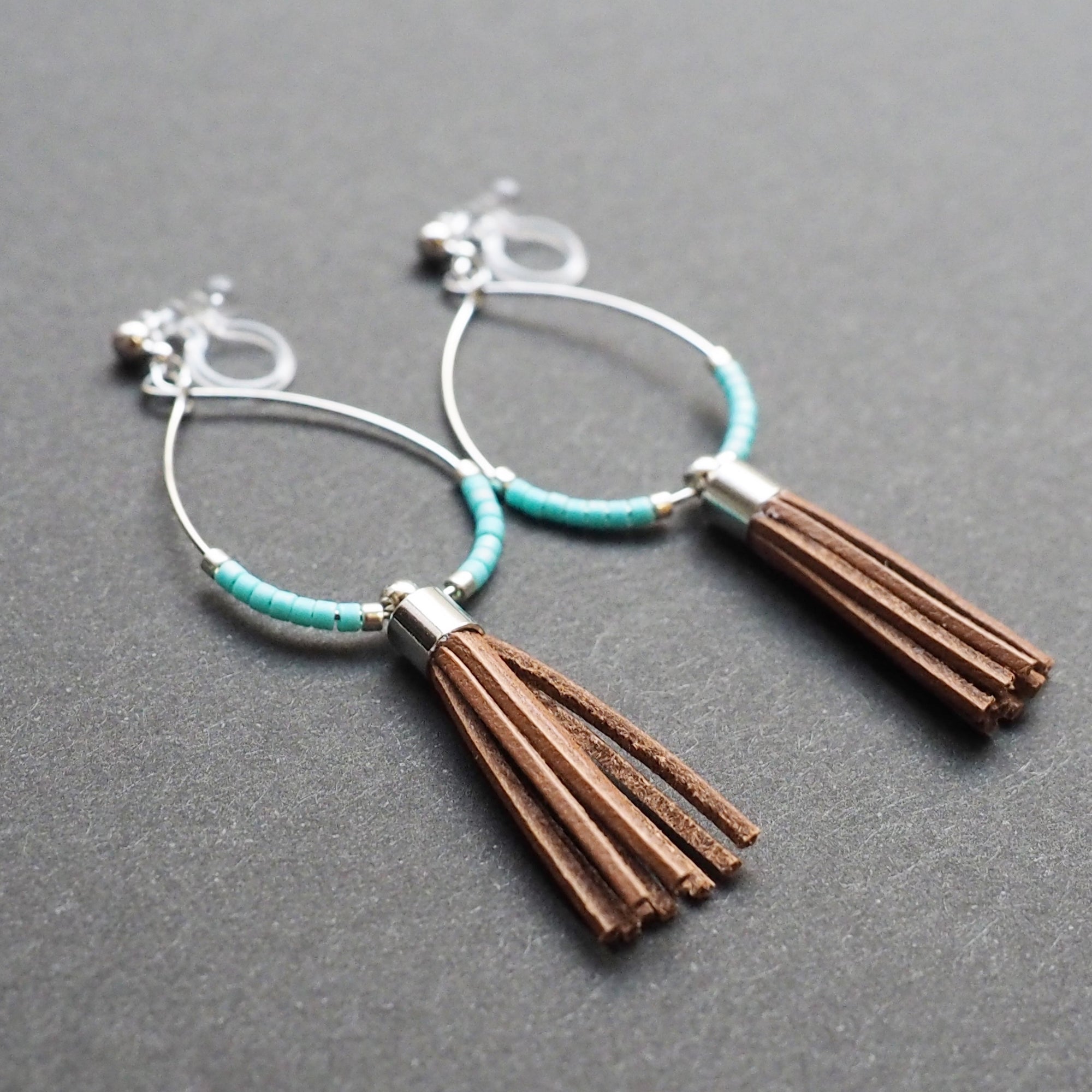 Hoop and brown tassel invisible clip on earrings ( Silver tone ) - miyabigracejewelry.com