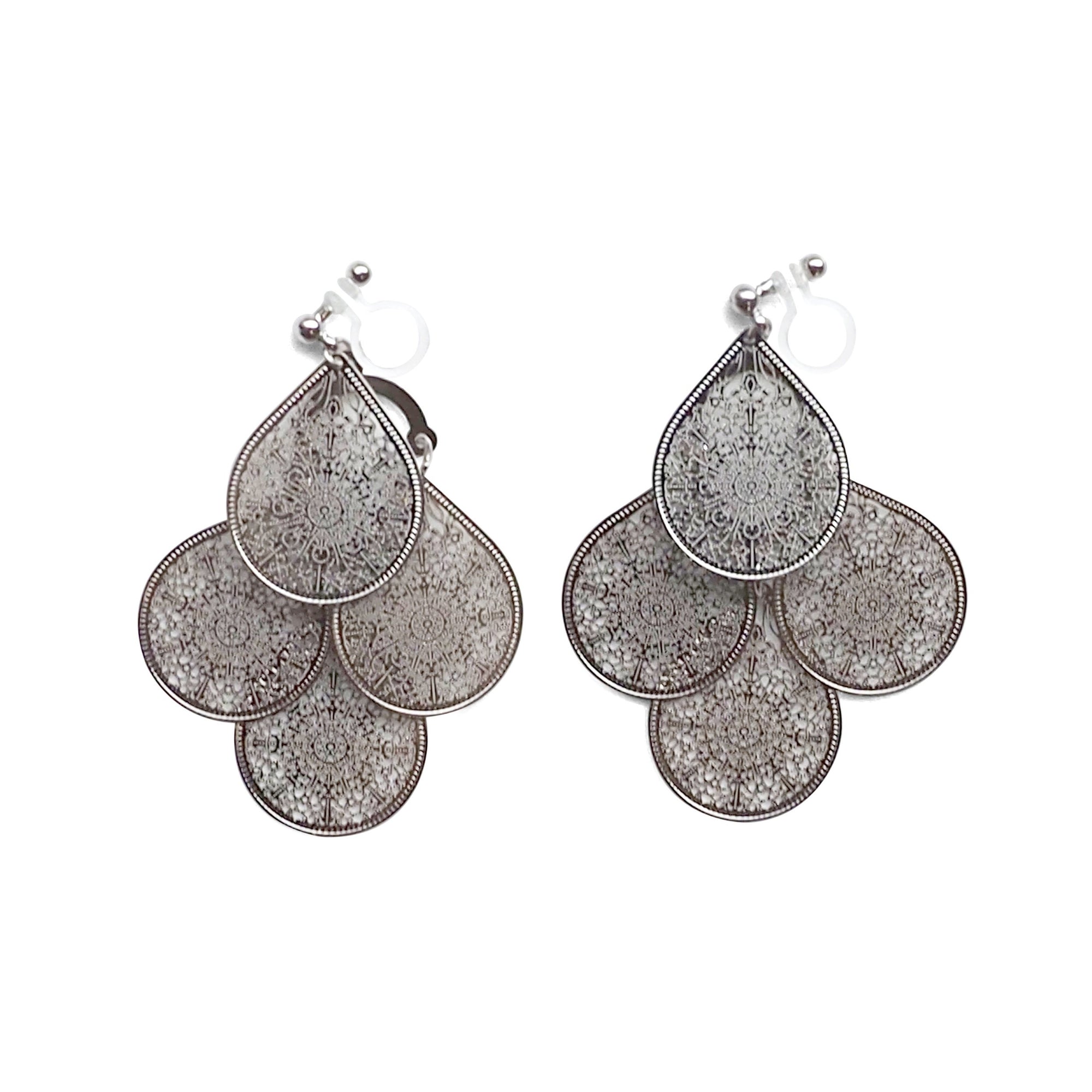 Dangle silver filigree invisible clip on earrings - miyabigracejewelry.com