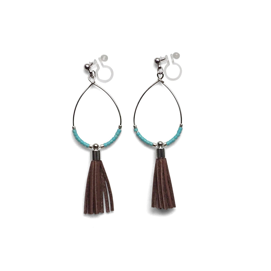 Hoop and brown tassel invisible clip on earrings ( Silver tone ) - miyabigracejewelry.com