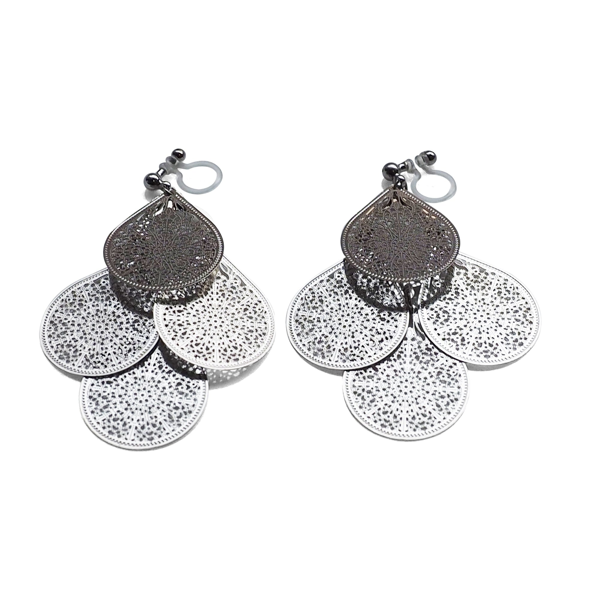 Dangle silver filigree invisible clip on earrings - miyabigracejewelry.com