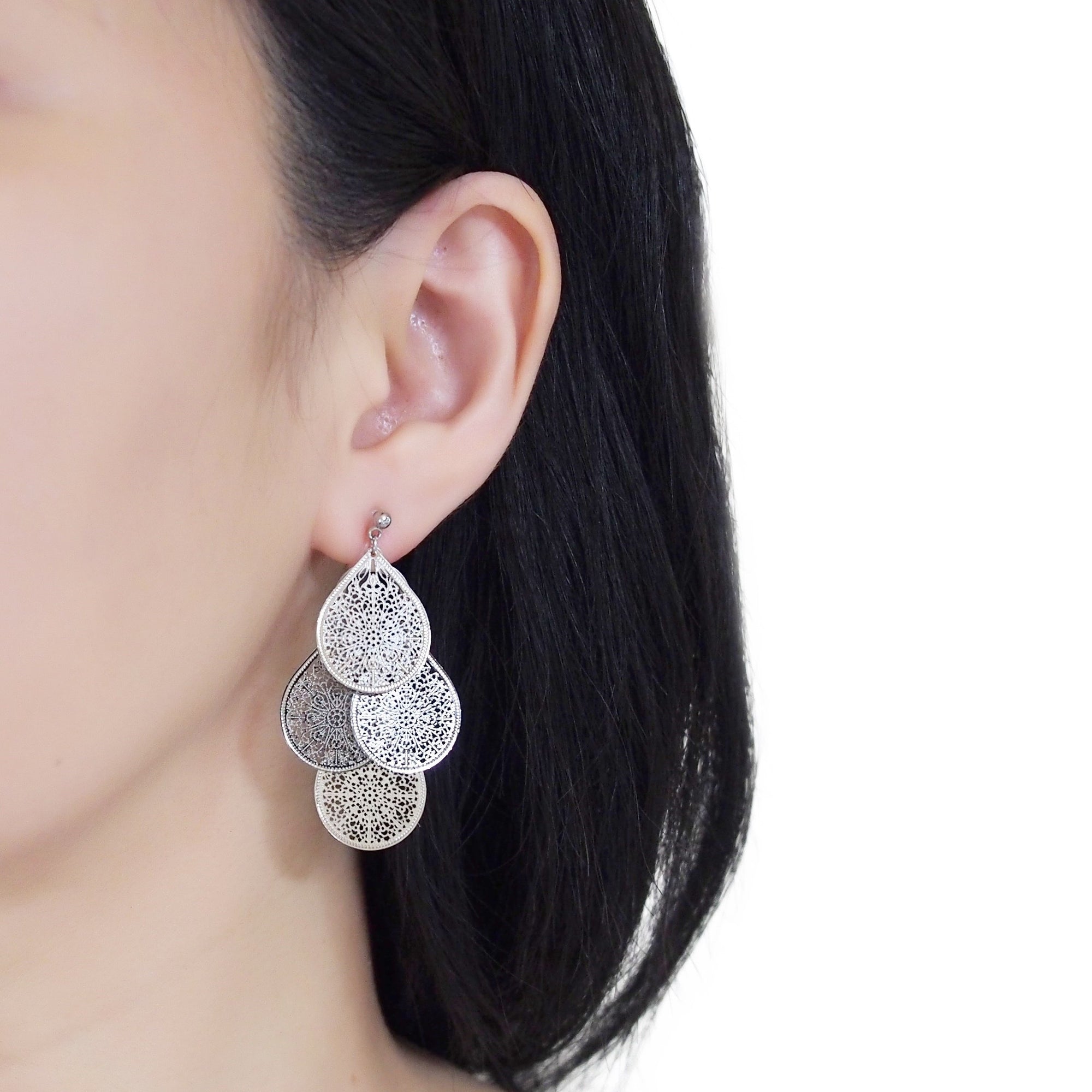 Dangle silver filigree invisible clip on earrings - miyabigracejewelry.com