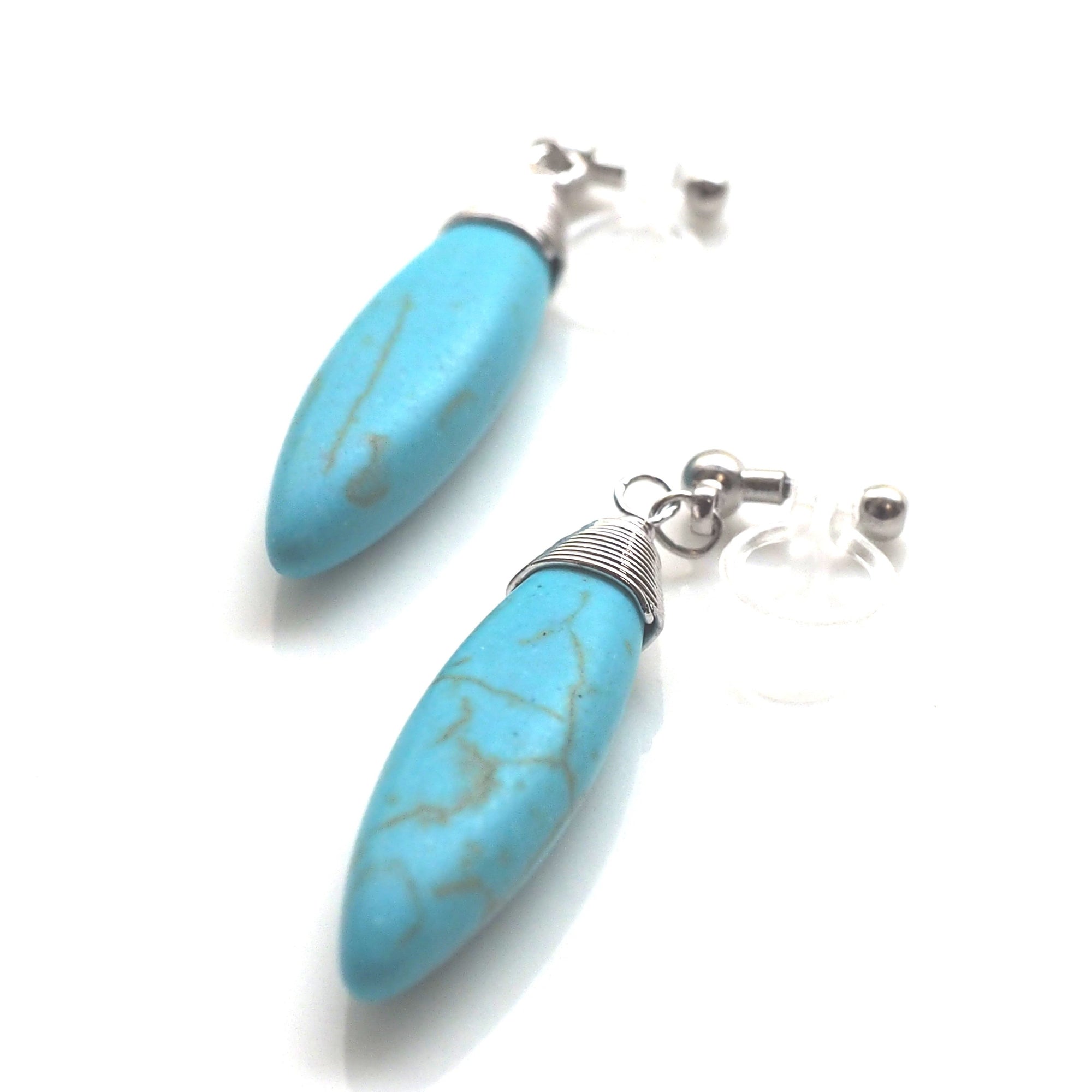 Blue turquoise bar invisible clip on earrings - miyabigracejewelry.com