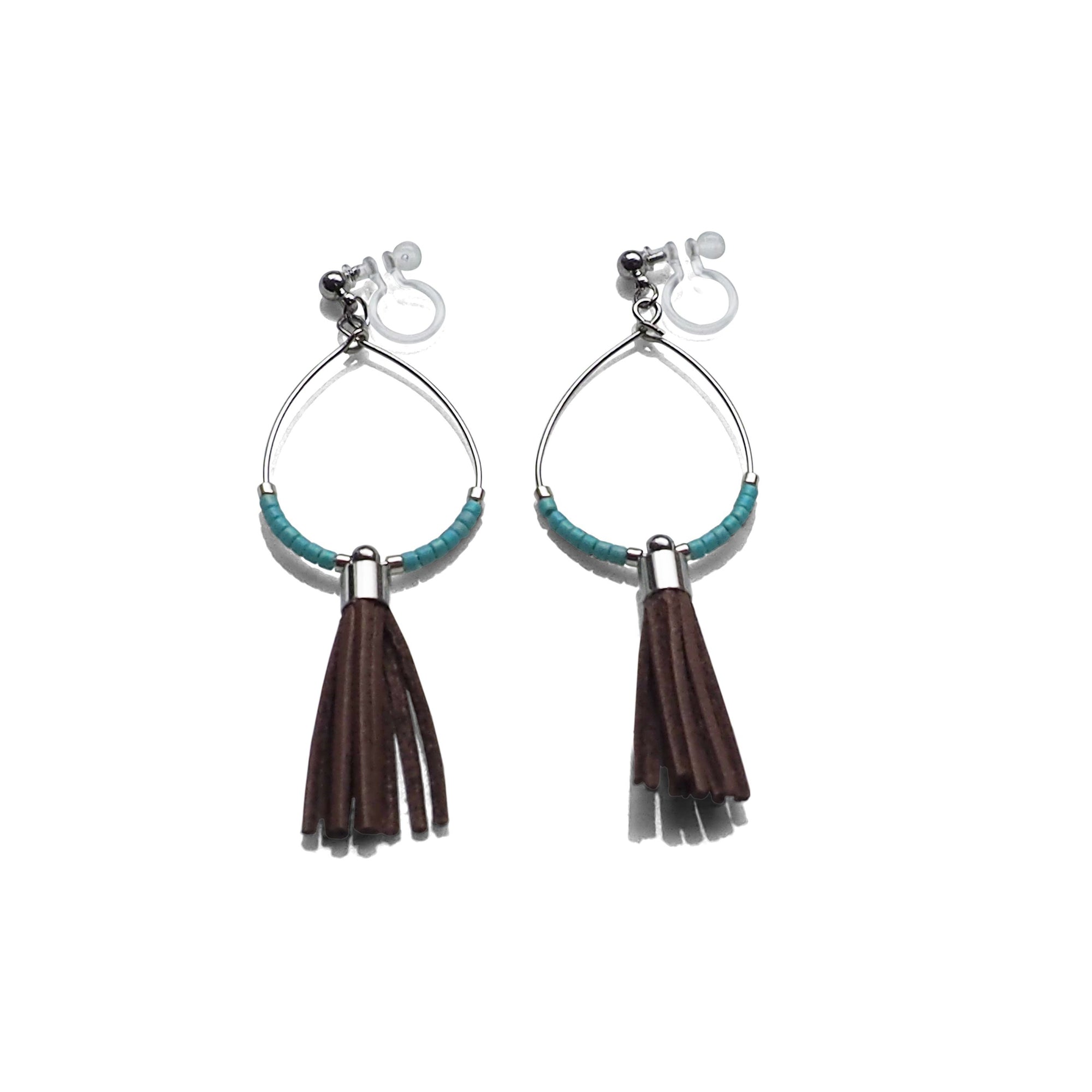 Hoop and brown tassel invisible clip on earrings ( Silver tone ) - miyabigracejewelry.com