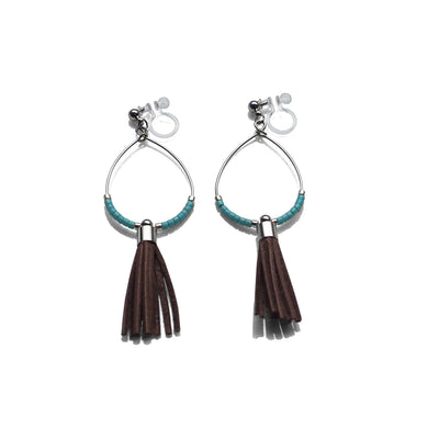 Hoop and brown tassel invisible clip on earrings ( Silver tone ) - miyabigracejewelry.com