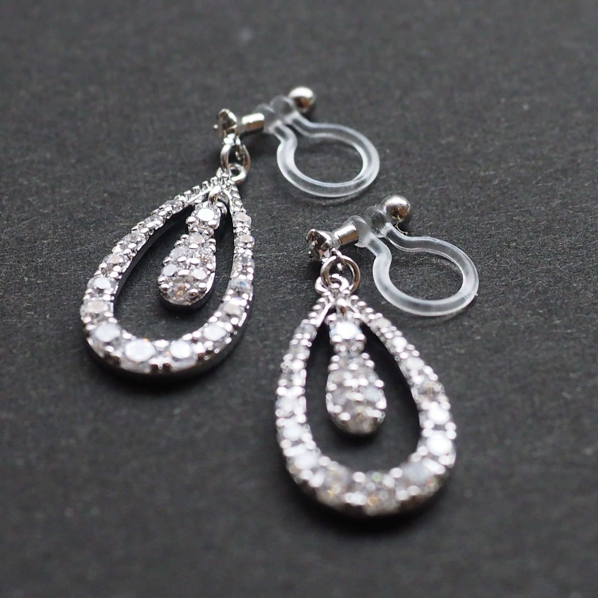 Double Teardrop cubic zirconia invisible clip on earrrings ( Silver tone) - miyabigracejewelry.com