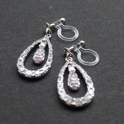 Double Teardrop cubic zirconia invisible clip on earrrings ( Silver tone) - miyabigracejewelry.com