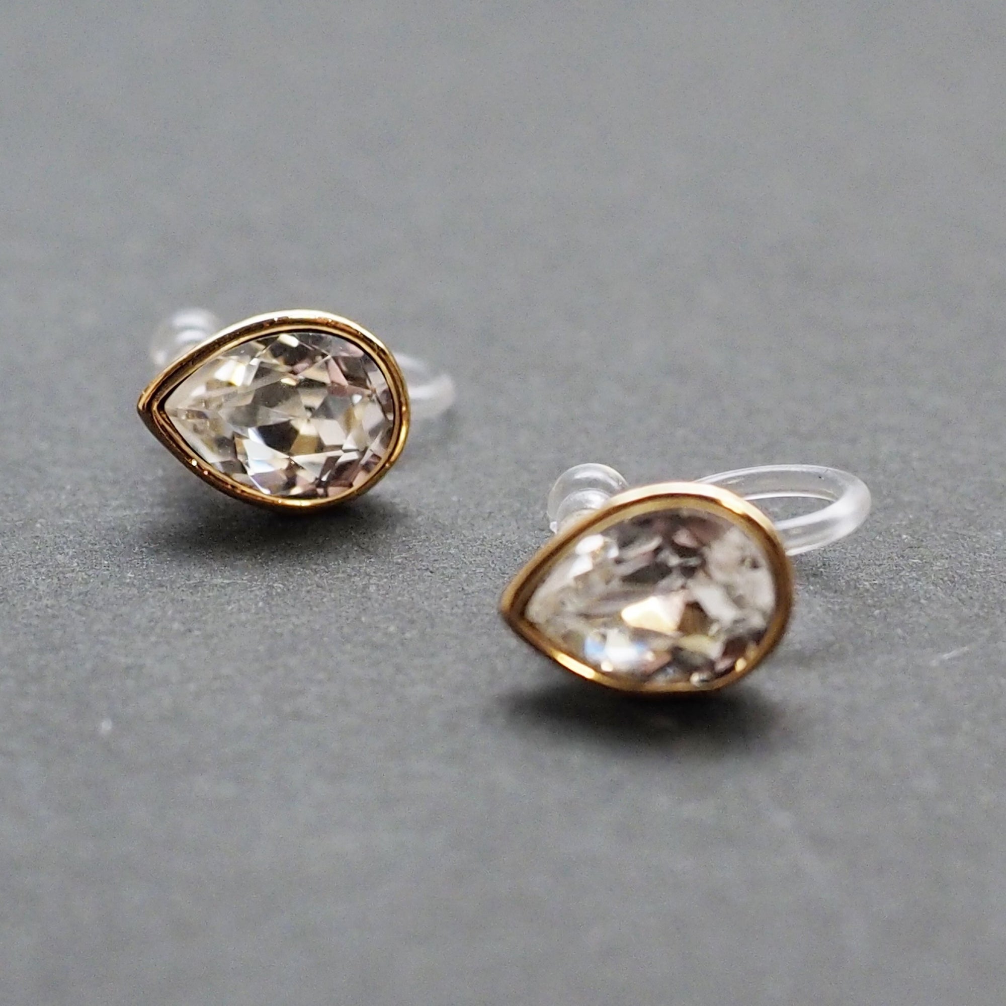Teardrop Cubic Zirconia Crystal Invisible Clip On Stud Earrings (Gold tone) - Miyabi Grace