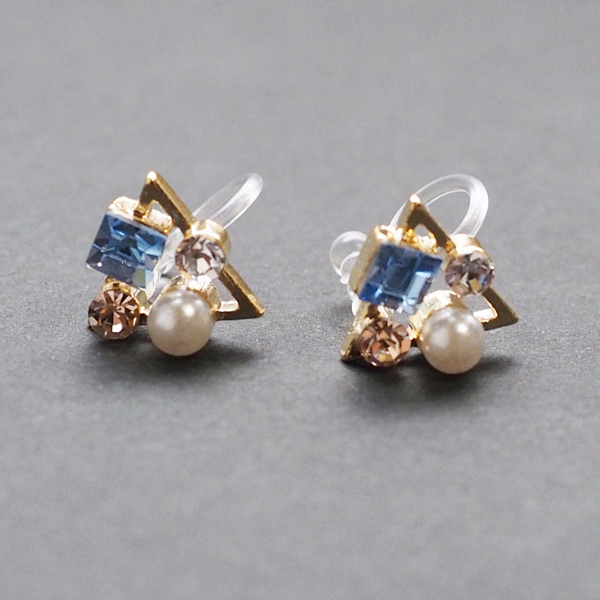 Light Blue Swarovski Crystal & White Pearl Invisible Clip On Stud Earrings - Miyabi Grace