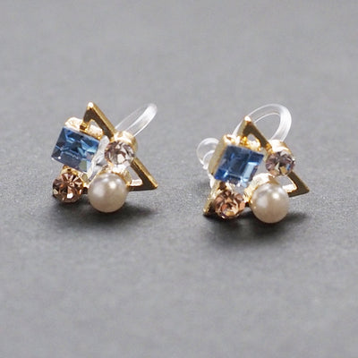 Light Blue Swarovski Crystal & White Pearl Invisible Clip On Stud Earrings - Miyabi Grace
