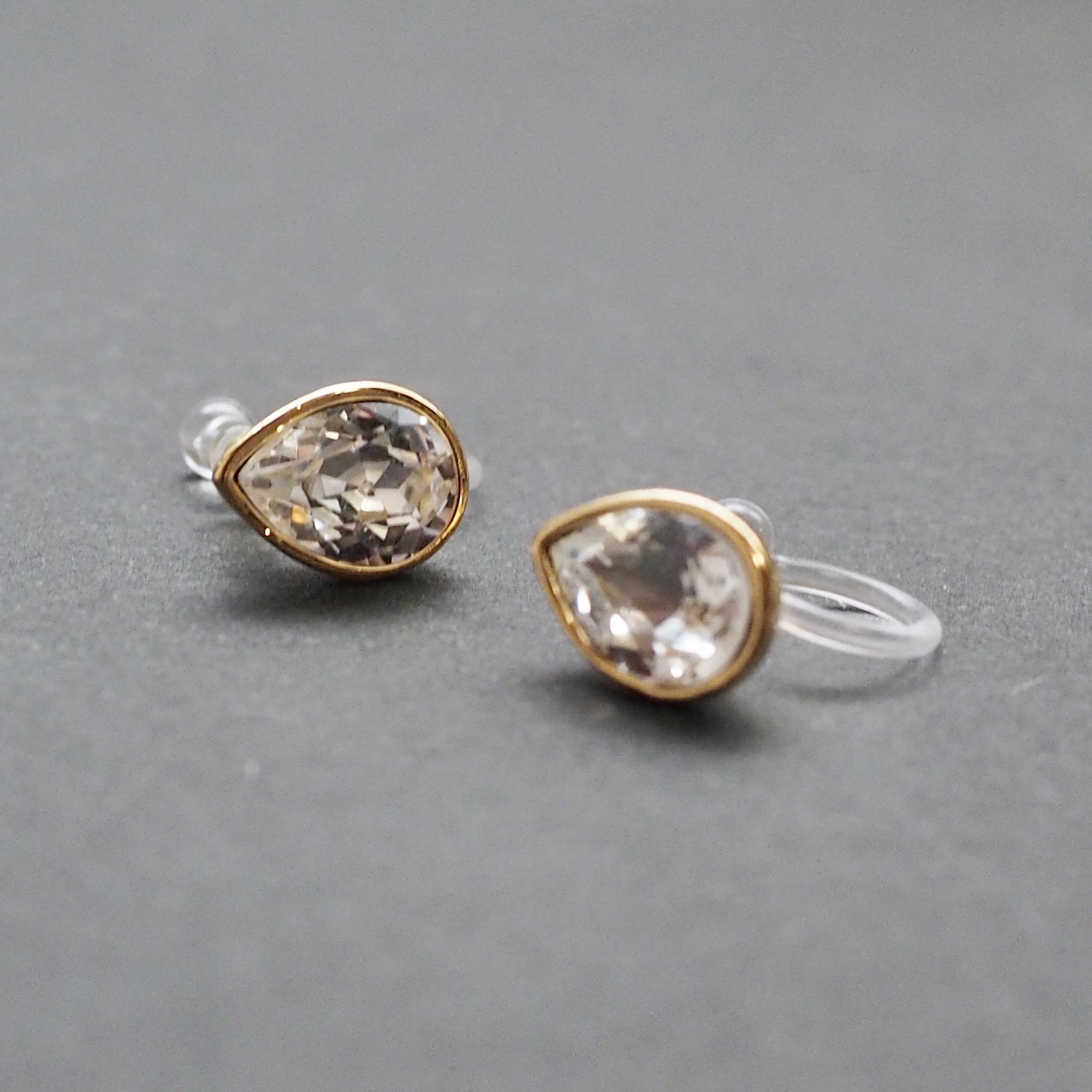 Teardrop Cubic Zirconia Crystal Invisible Clip On Stud Earrings (Gold tone) - Miyabi Grace