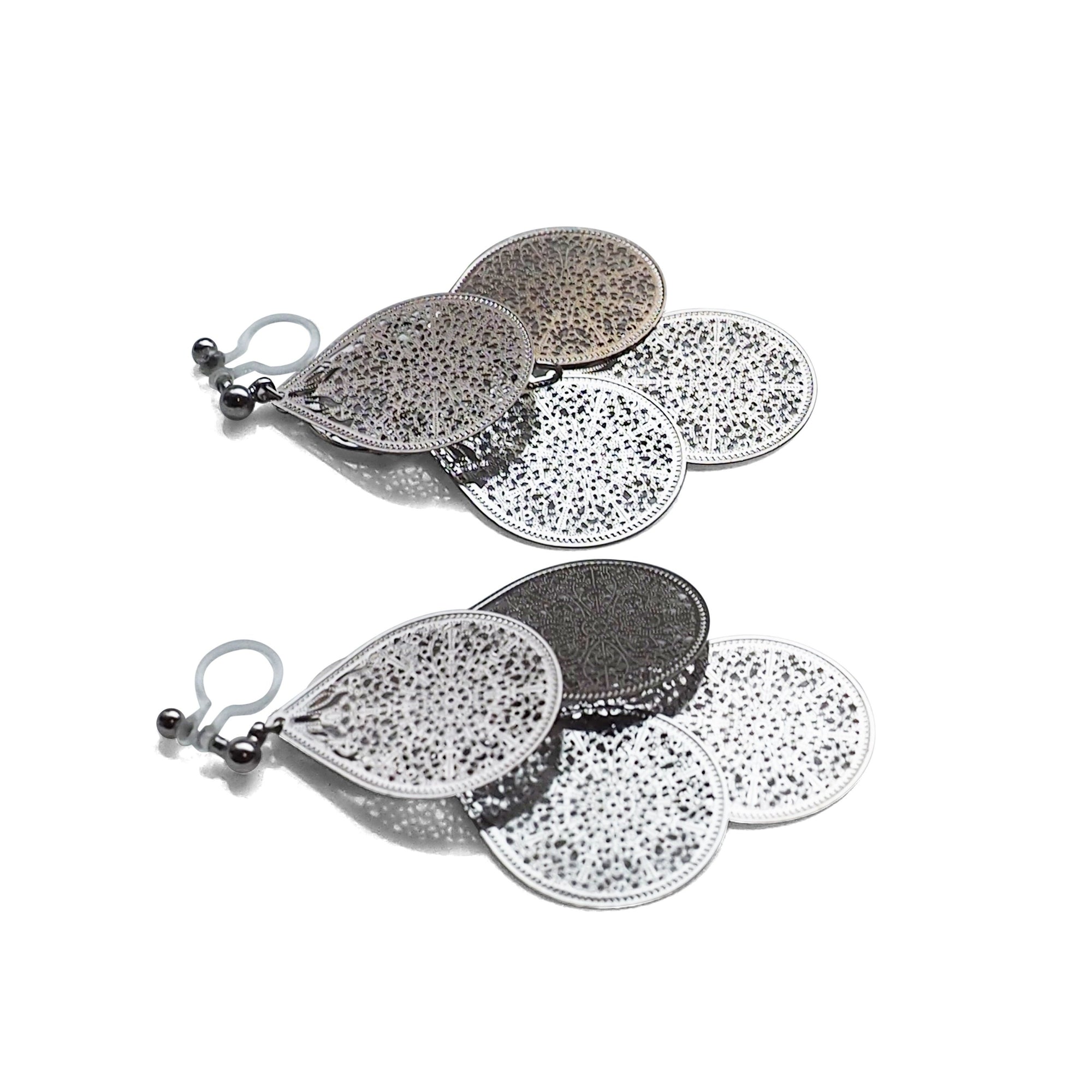 Dangle silver filigree invisible clip on earrings - miyabigracejewelry.com