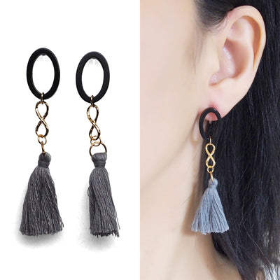 Black hoop with gray tassel invisible clip on earrings - miyabigracejewelry.com