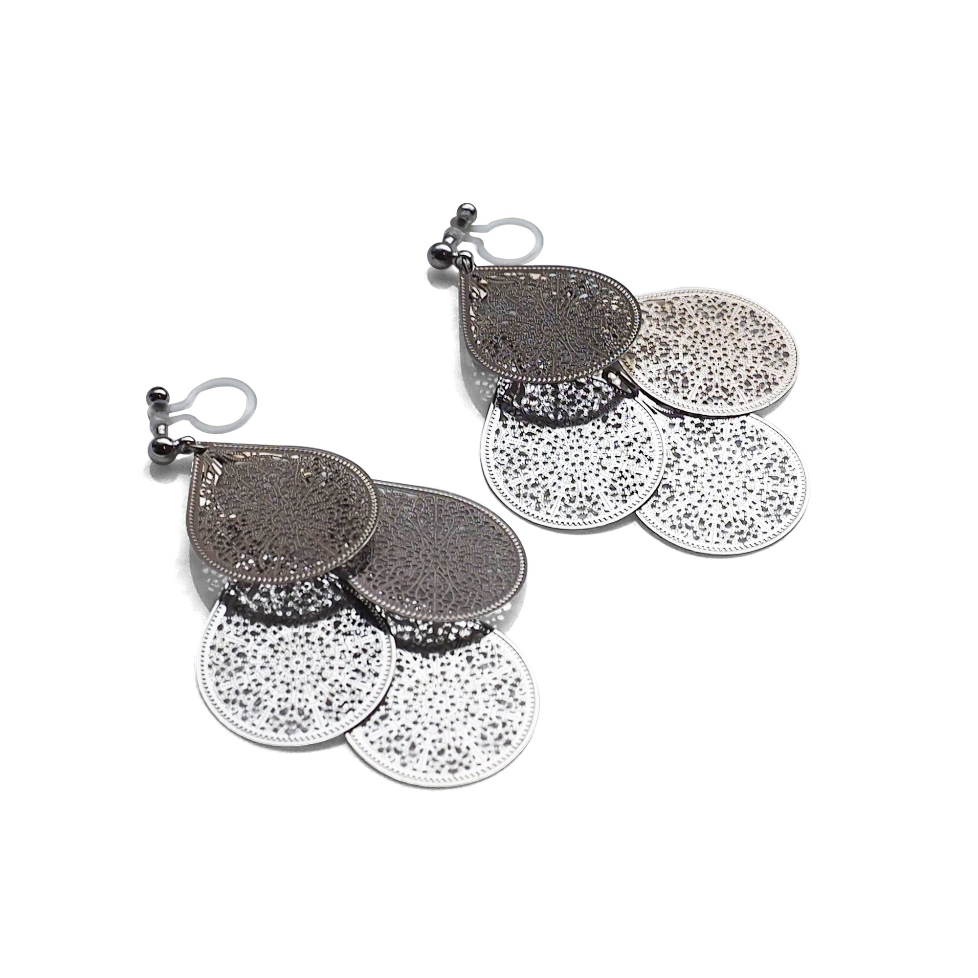 Dangle silver filigree invisible clip on earrings - miyabigracejewelry.com