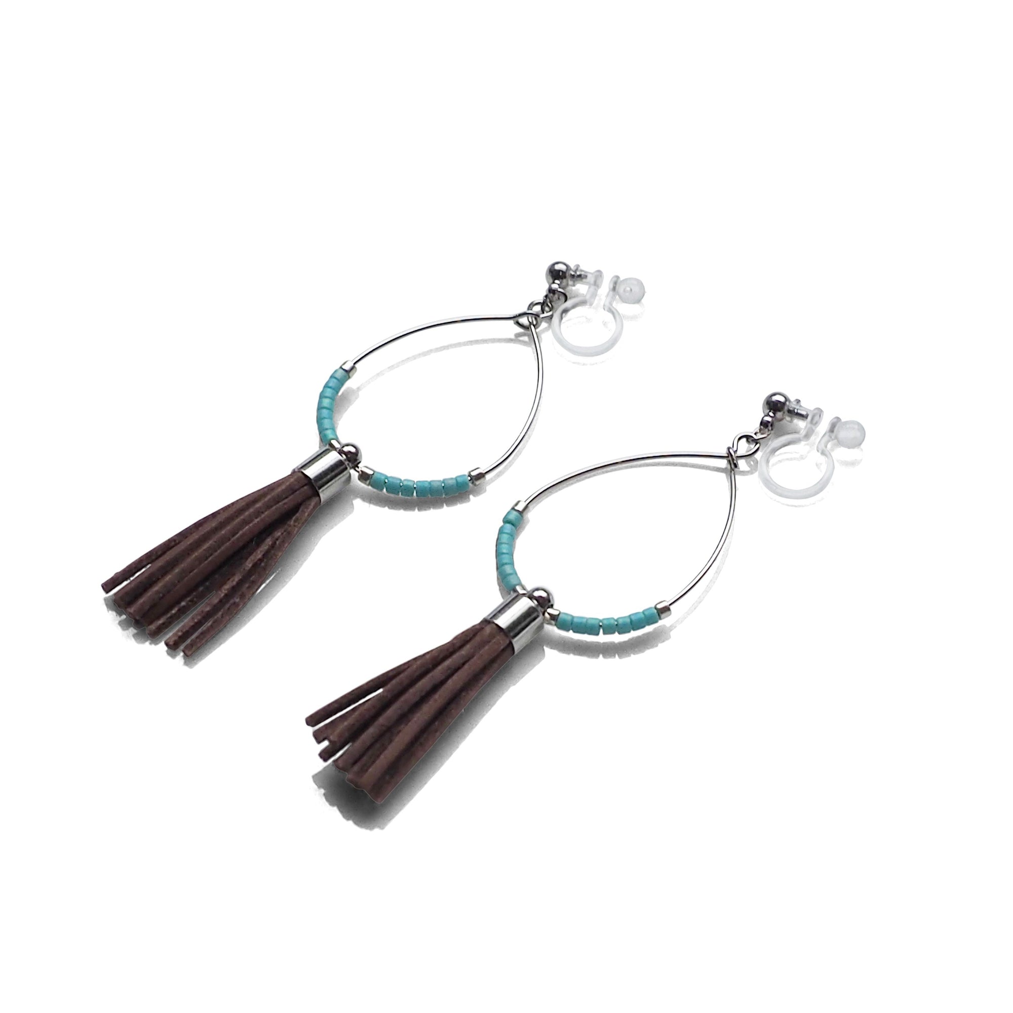 Hoop and brown tassel invisible clip on earrings ( Silver tone ) - miyabigracejewelry.com