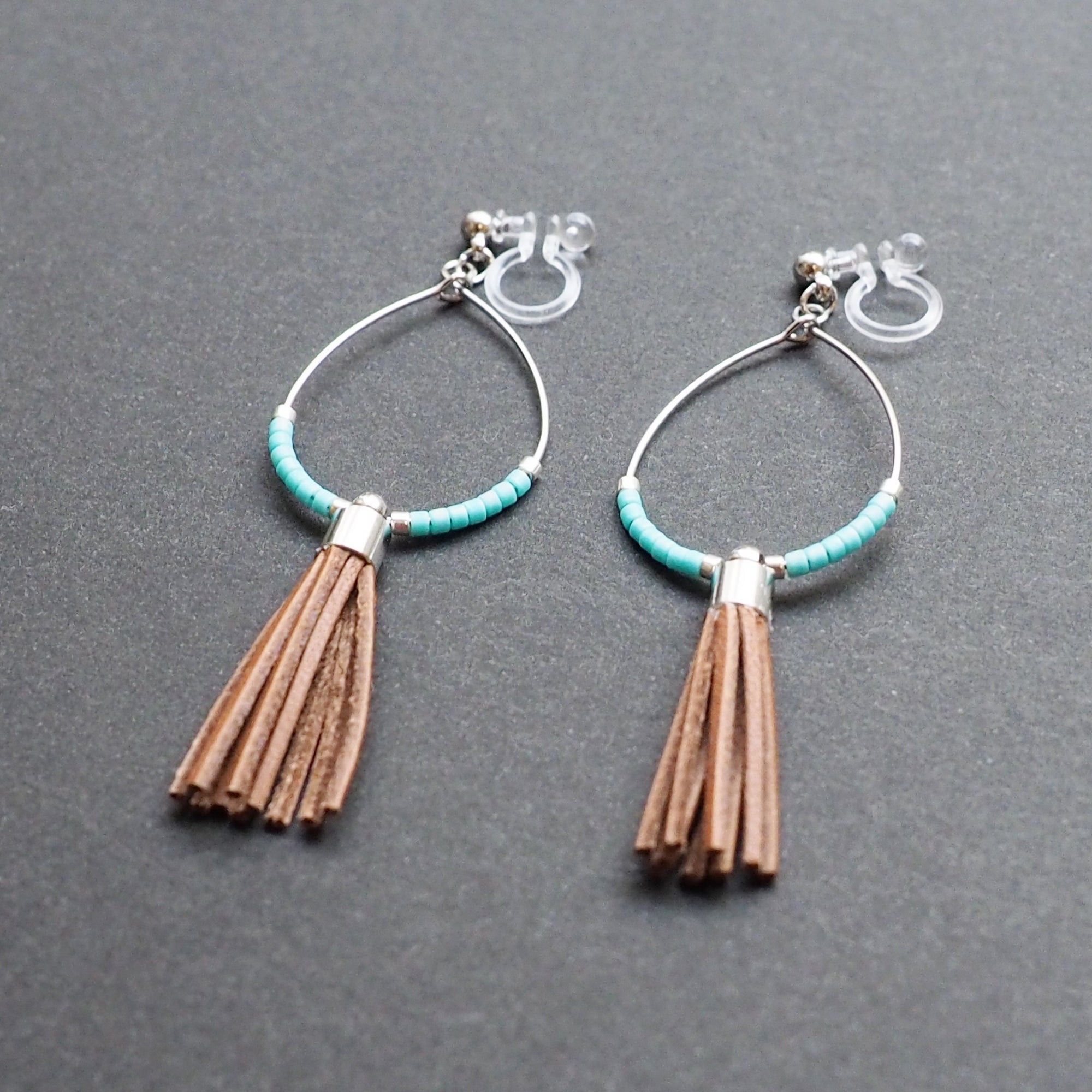 Hoop and brown tassel invisible clip on earrings ( Silver tone ) - miyabigracejewelry.com