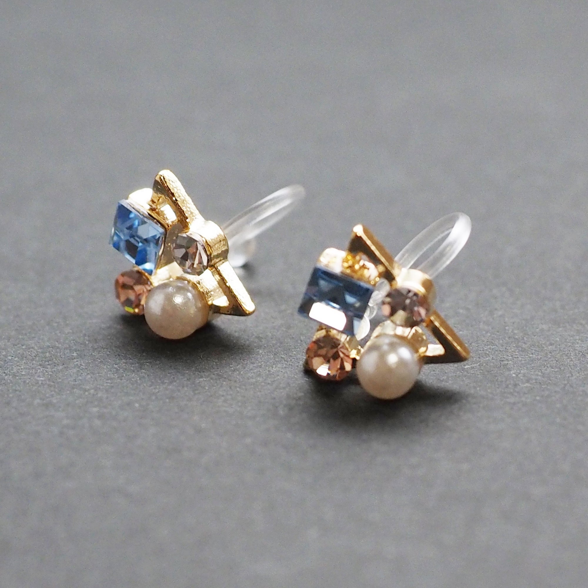 Light Blue Swarovski Crystal & White Pearl Invisible Clip On Stud Earrings - Miyabi Grace